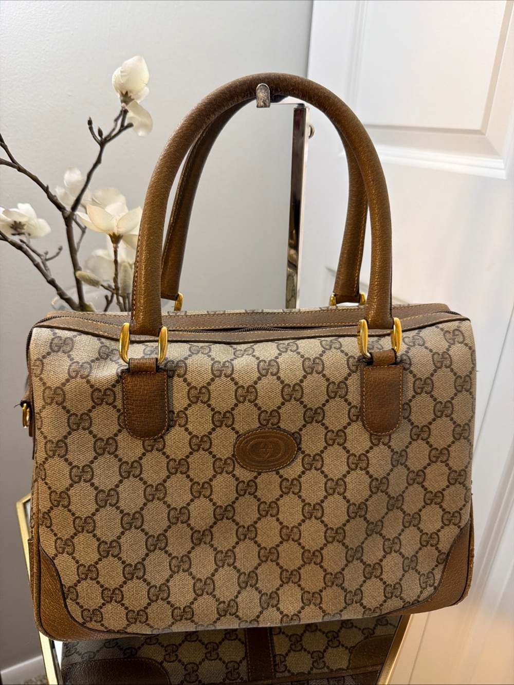 Gucci Beige/Brown Monogram Canvas Satchel with Leather Trim